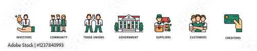 Stakeholder icon set flow process which consists of community, trade unions, suppliers, and customers icon live stroke and easy to edit .