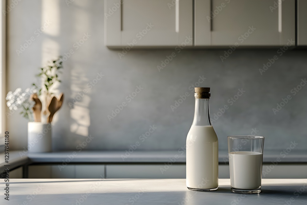 Milk bottle and glass on the right, empty space for text on the left, modern kitchen, illustrating healthy life and food Milk bottle and glass on the right, empty space for text on the left, modern kitchen, illustrating healthy life and food