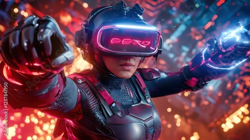 Futuristic Woman Gamer Virtual Reality Headset Neon Lights Cyberpunk Style