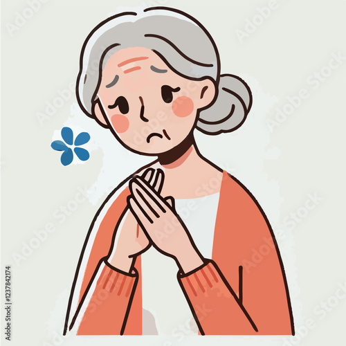 Grandmother with Worried Expression Clasping Hands