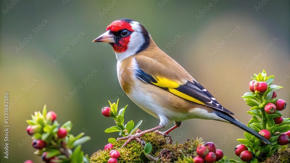 Obraz premium European Goldfinch Close-Up on Bush, Long Exposure, Vibrant Colors, Nature Photography