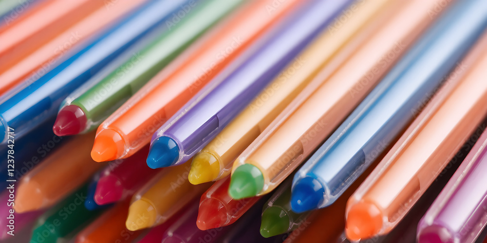A close-up of colorful gel pens arranged neatly, their glossy surfaces reflecting soft light A close-up of colorful gel pens arranged neatly, their glossy surfaces reflecting soft light
