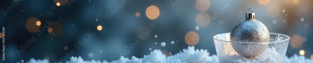 Fototapeta premium Shining silver ornament atop frosted glass vase, winter wonderland, elegance