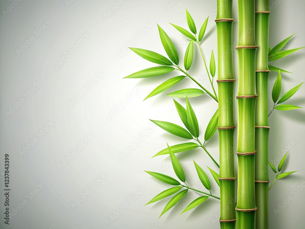 Obraz premium Minimalist Green Bamboo Stem & Leaves Top View - Light Background, Space for Text