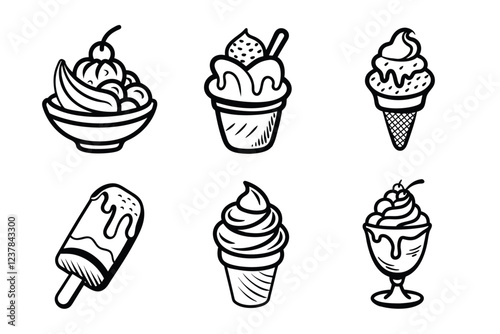 A set of hand-drawn ice cream and dessert icons, including sundaes, cones, popsicles, and soft serve, in black outline style