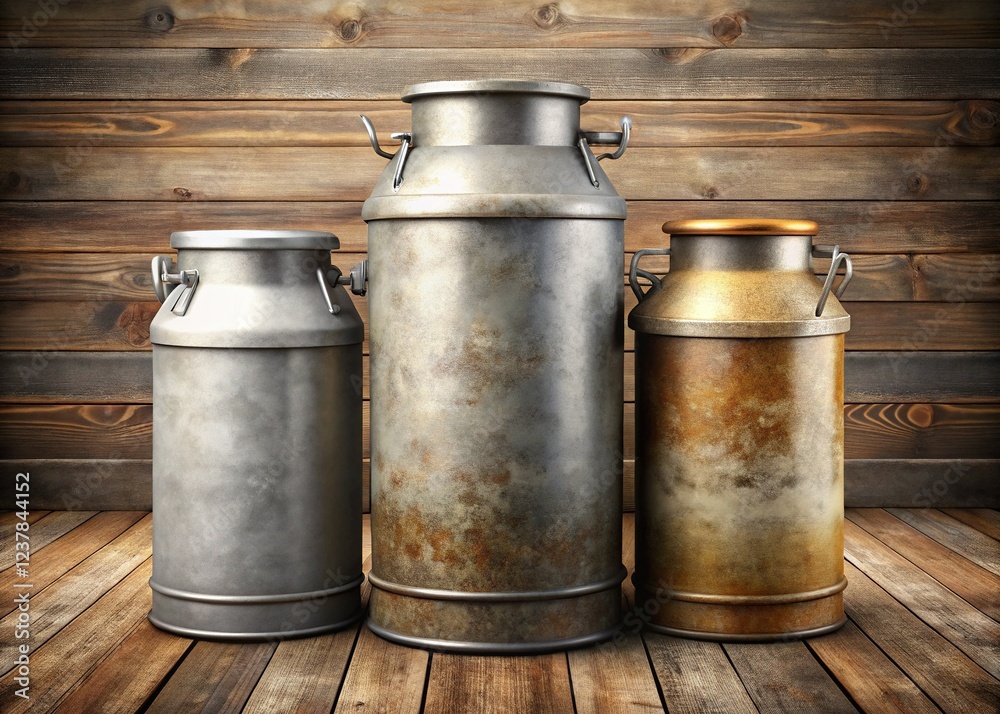 Rustic Charm: Double Exposure of Old Milk Cans and Lush Nature Rustic Charm: Double Exposure of Old Milk Cans and Lush Nature
