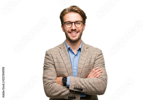 A young man with light brown hair, wearing glasses, a checkered beige blazer, and a blue shirt, standing with arms crossed and smiling isolated on transparent background
