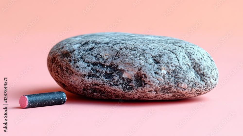 Fototapeta premium Serene Stone and Small Crayon on Pink Background: A Minimalist Still Life