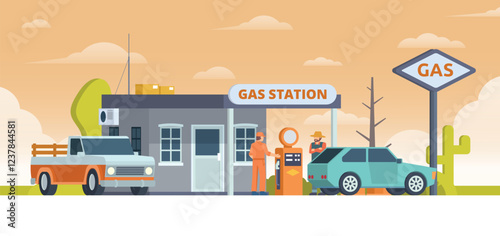 Gas Station with Shop Vector Illustration. Clean Flat Design and Modular Element. Fully Editable and Easy to Customize	