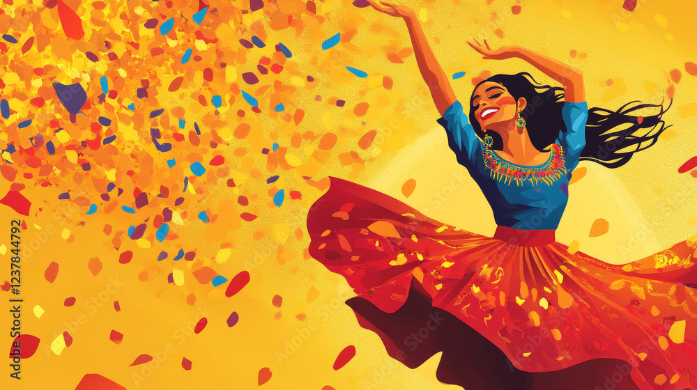Viva Mexico banner with dancing woman and holiday confetti. Vector greeting card for fiesta celebration with lively flamenco dance, honoring Mexican culture with joyous rhythms and the spirit of unity Viva Mexico banner with dancing woman and holiday confetti. Vector greeting card for fiesta celebration with lively flamenco dance, honoring Mexican culture with joyous rhythms and the spirit of unity