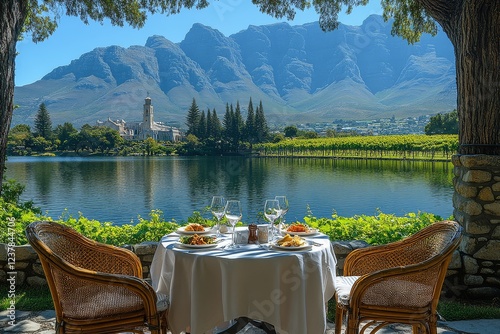 Romantic table for two with chairs set on the lawn of St. James Church, Cape Town, under an elegant vineyard. Wine glasses and food beside a beautiful lake with mountain views.