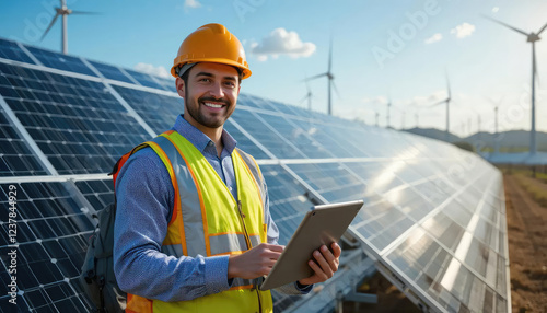 Wallpaper Mural engineer inspect installation of solar panels installed check, using laptop or tablet at solar photovoltaic power station. Torontodigital.ca