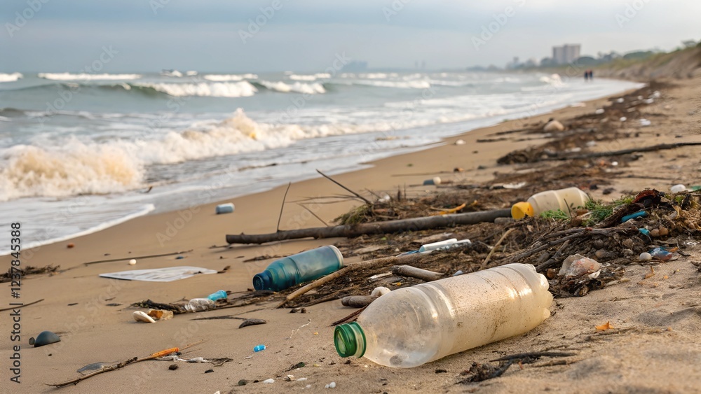 Spilled garbage on beach of big city. Empty used dirty plastic bottles. Dirty sea sandy shore the Black Sea. Environmental pollution. Ecological problem. Bokeh moving waves in the background Spilled garbage on beach of big city. Empty used dirty plastic bottles. Dirty sea sandy shore the Black Sea. Environmental pollution. Ecological problem. Bokeh moving waves in the background