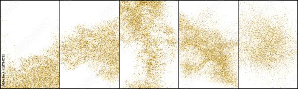 Gold glitter texture background. Golden sparkle pattern. Sand explosion abstract. Dust gold grain backdrop. Set vector Illustration, eps 10.