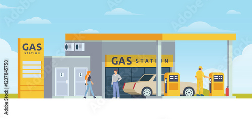 Gas Station with Shop Vector Illustration. Clean Flat Design and Modular Element. Fully Editable and Easy to Customize	