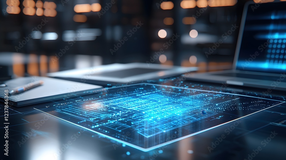 Futuristic Digital Workspace Modern Technology Data Network Interface Futuristic Digital Workspace Modern Technology Data Network Interface