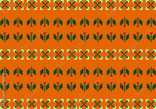 Pixel Folk Bloom : pixel art-inspired pattern featuring stylized floral motifs in green, red, and yellow on a vibrant orange background.
