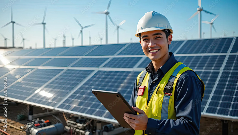 engineer inspect installation of solar panels installed check, using laptop or tablet at solar photovoltaic power station. engineer inspect installation of solar panels installed check, using laptop or tablet at solar photovoltaic power station.