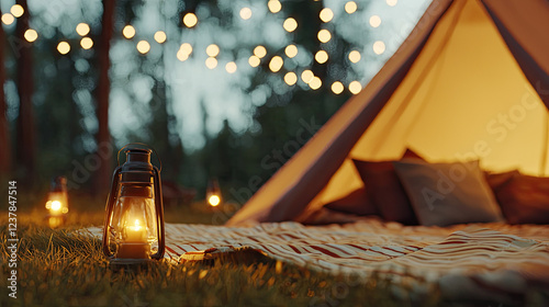 Cozy camping scene with lantern and fairy lights