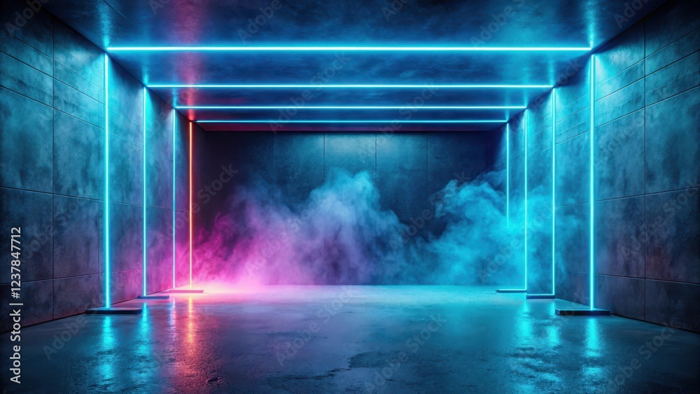 Fototapeta premium Futuristic Room with Vibrant Neon Lights and Atmospheric Haze in a Dark Industrial Setting