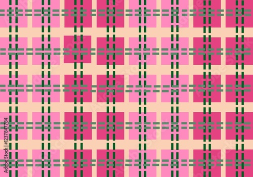 Retro Spring Plaid : seamless plaid pattern featuring a vibrant interplay of pink, green, and beige tones, evoking a retro yet modern spring aesthetic. Ideal for textiles, backgrounds, or digital art
