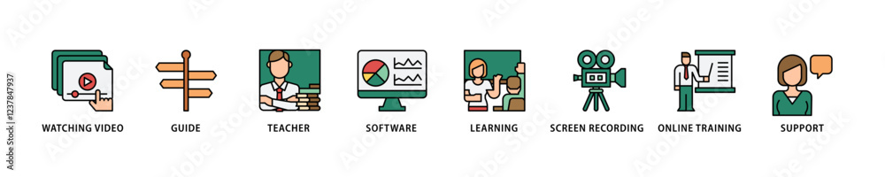 Video tutorial icon set flow process which consists of watching video, guide, teacher, software, learning, screen recording, online training, support icon live stroke and easy to edit . Video tutorial icon set flow process which consists of watching video, guide, teacher, software, learning, screen recording, online training, support icon live stroke and easy to edit .