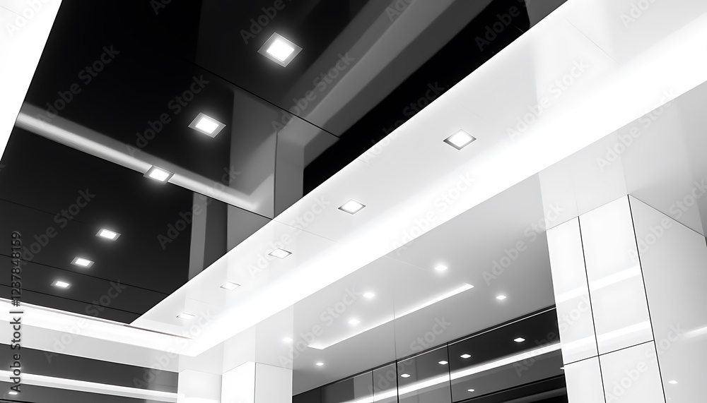 Obraz premium High-contrast black-and-white ceiling with glossy finishes and inset lighting, adding a bold and dramatic flair, isolated background