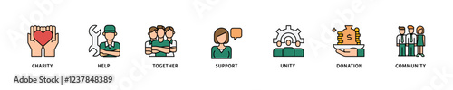 Volunteering icon set flow process which consists of charity, help, together, support, unity, donation, and community icon live stroke and easy to edit .