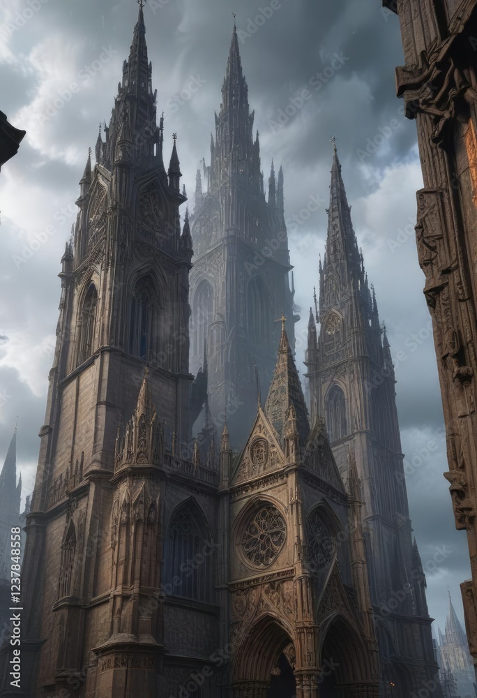 The cathedral's majestic spires reach towards the sky, adorned with intricate carvings and a veil of misty rainclouds , cathedral, sky The cathedral's majestic spires reach towards the sky, adorned with intricate carvings and a veil of misty rainclouds , cathedral, sky
