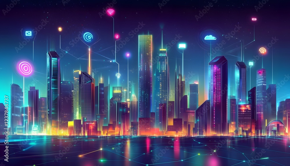 Futuristic Cityscape Illuminated With Neon Lights And Network Connections Futuristic Cityscape Illuminated With Neon Lights And Network Connections