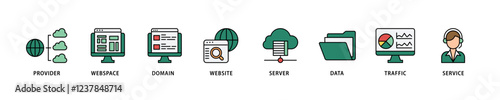 Web hosting icon set flow process which consists of provider, webspace, domain, website, server, data, traffic and service icon live stroke and easy to edit .