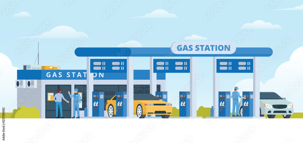 Gas Station with Shop Vector Illustration. Clean Flat Design and Modular Element. Fully Editable and Easy to Customize Gas Station with Shop Vector Illustration. Clean Flat Design and Modular Element. Fully Editable and Easy to Customize