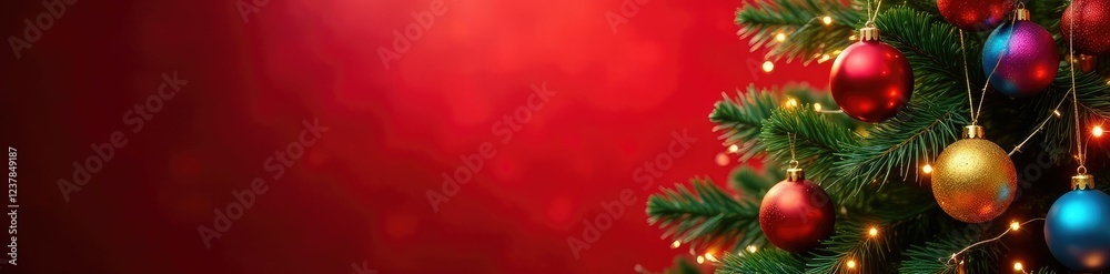 Fototapeta premium Red background Christmas tree with colorful balls and twinkling lights shining brightly, colorful, shine