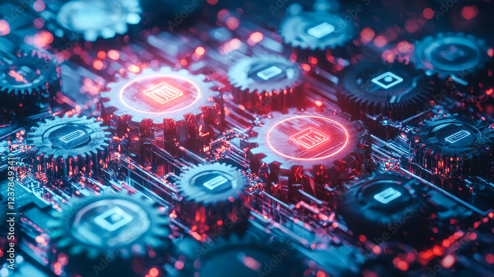Fototapeta premium Futuristic circuit board with glowing red and blue mechanical gears