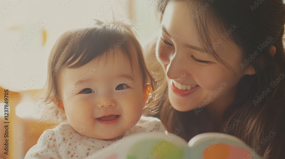 A Heartwarming Moment of Connection Between a Mother and Her Smiling Baby in a Cozy Environment, Sharing Joyful Times While Reading a Book Together A Heartwarming Moment of Connection Between a Mother and Her Smiling Baby in a Cozy Environment, Sharing Joyful Times While Reading a Book Together