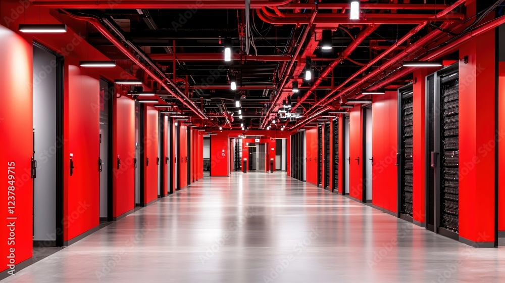 Fototapeta premium Red Corridor Modern Data Center Server Room Technology Infrastructure