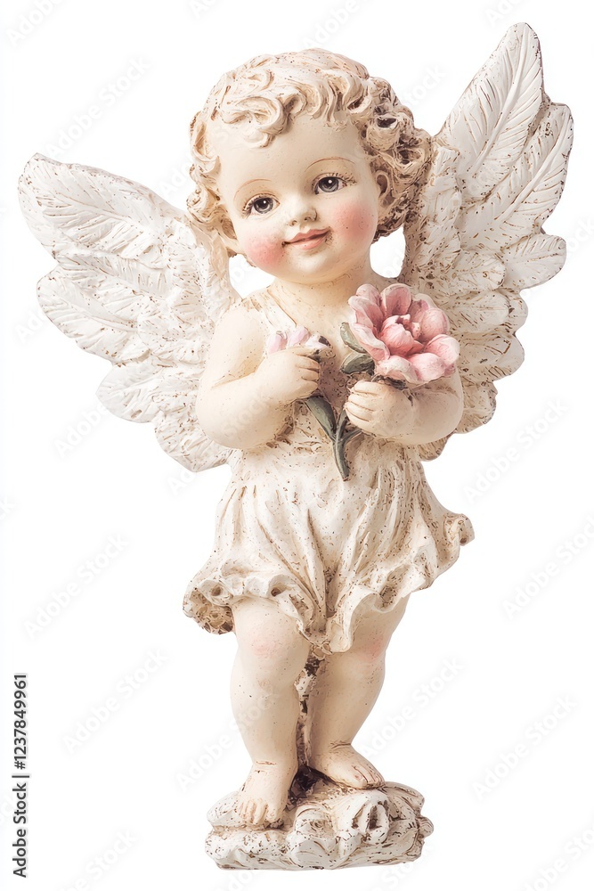 Fototapeta premium Adorable Cherubic Figurine with Wings Holding a Pink Flower