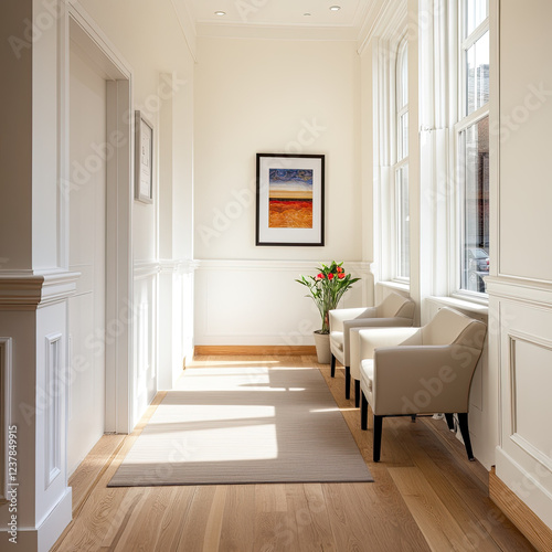 Bright hallway with modern decor and floral arrangement