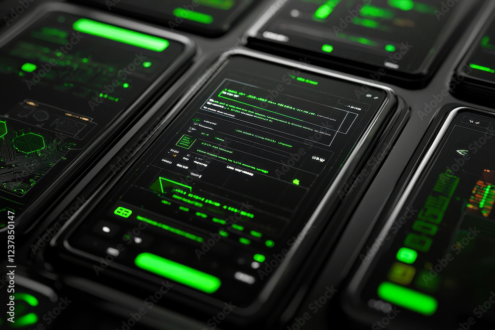 Futuristic green-themed digital interface on smartphone screens Futuristic green-themed digital interface on smartphone screens