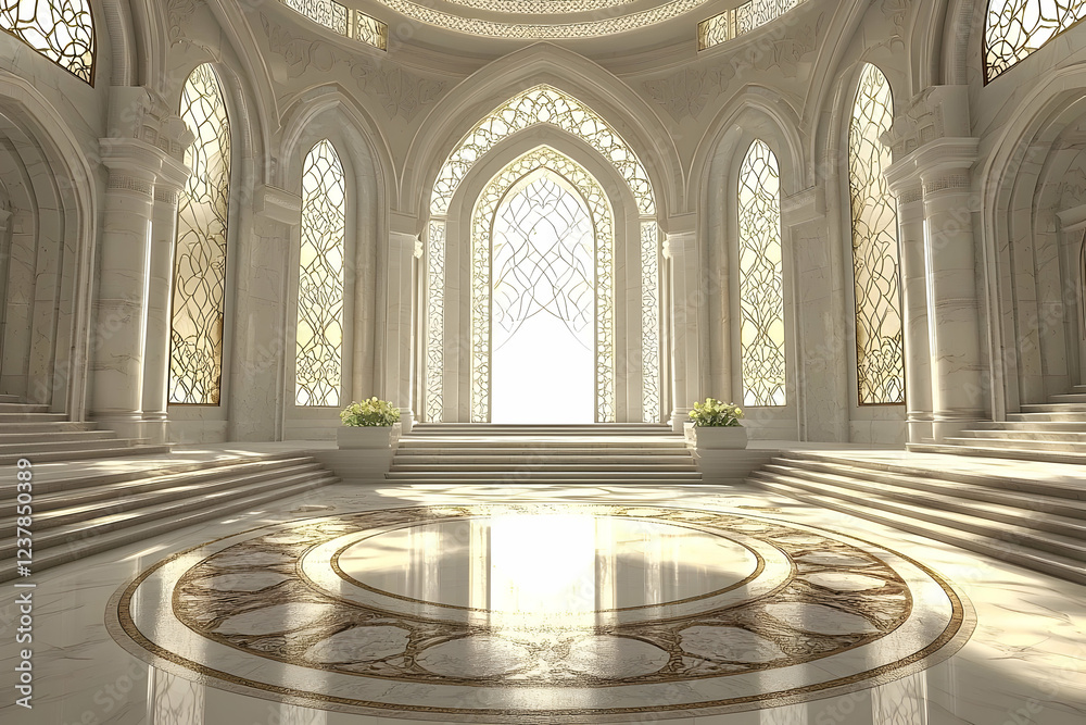 Fototapeta premium Grand hall, arched windows, sunlight, marble floor, interior design