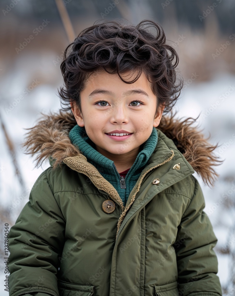 Winter portrait toddler Asian boy playful curly hair green winter coat frosty landscape background Winter portrait toddler Asian boy playful curly hair green winter coat frosty landscape background