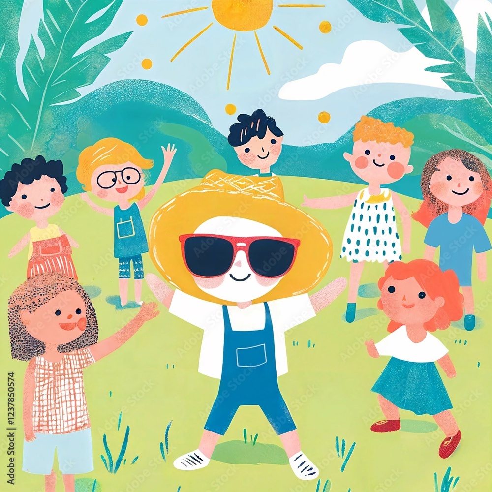 illustration of albino boy playing in a park with his happy friends illustration of albino boy playing in a park with his happy friends