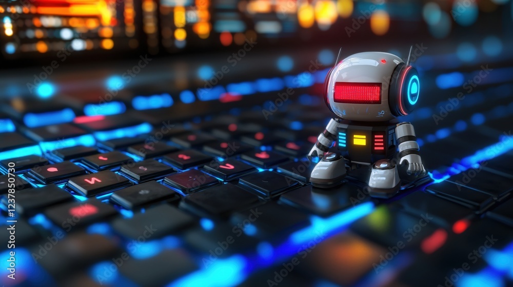 Fototapeta premium Futuristic Robot on Illuminated Keyboard Digital Technology Innovation