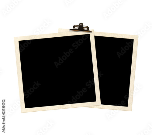 Two retro photo frame with a vintage clip. Nostalgic scrapbooking template. Mock up template. Copy space for text. Isolated on white background