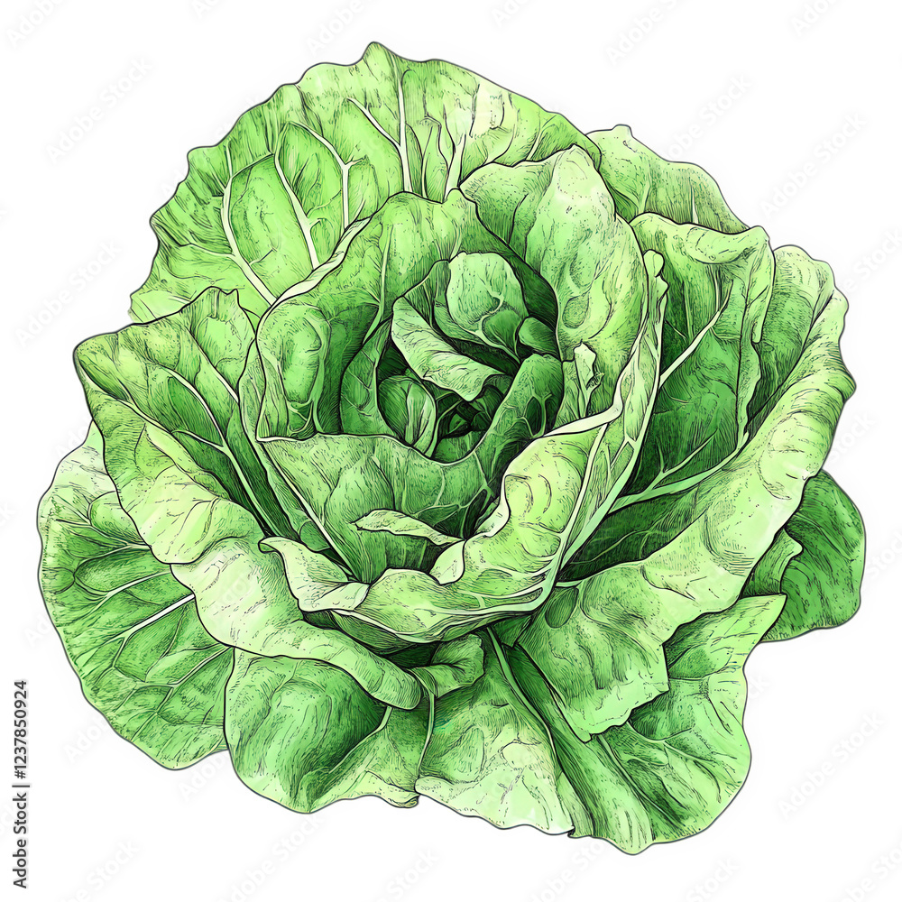 transparent background, PNG, A beautifully rendered hand-drawn digital illustration of a vibrant leaf lettuce, intricate yet simple, rich organic textures transparent background, PNG, A beautifully rendered hand-drawn digital illustration of a vibrant leaf lettuce, intricate yet simple, rich organic textures