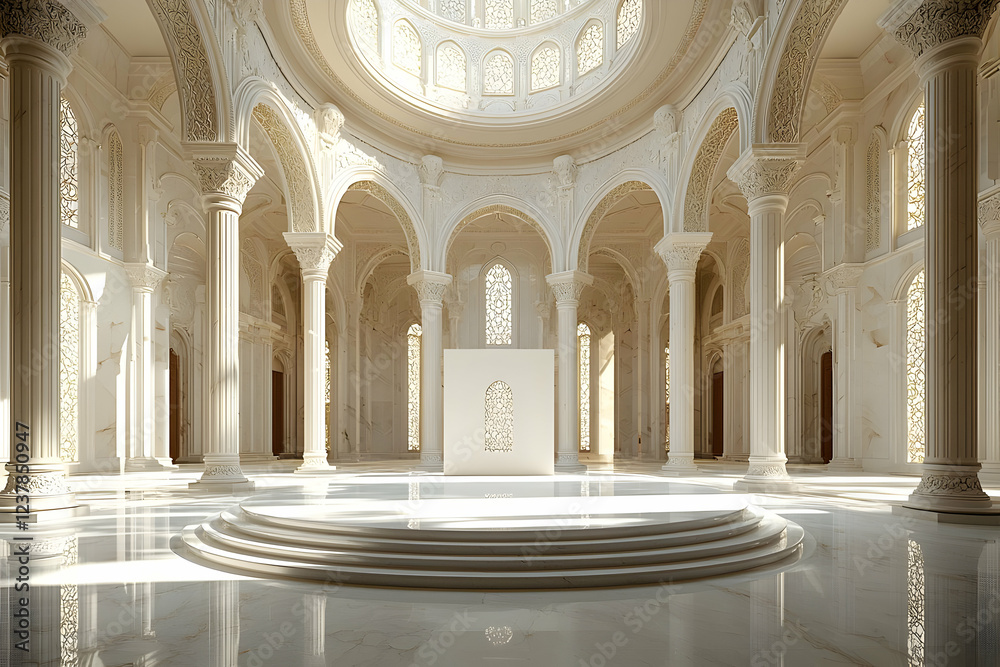 Obraz premium Sunlit Islamic hall, marble floor, peaceful