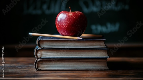 Red Apple on Books with Pencils on Desk. Generative AI photo