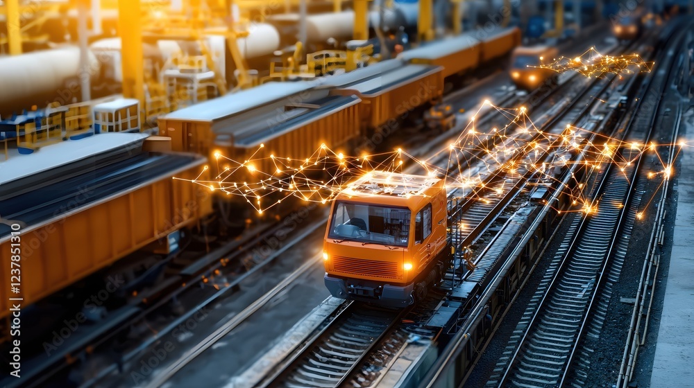 Smart Railway Transport System Modern Orange Train on Tracks Network Technology Innovation Smart Railway Transport System Modern Orange Train on Tracks Network Technology Innovation