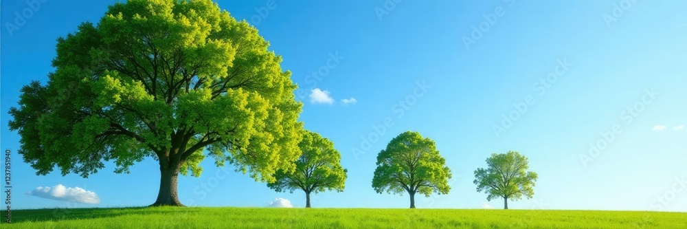 Fototapeta premium Trees swaying in the morning breeze under a clear blue sky, clear, blue
