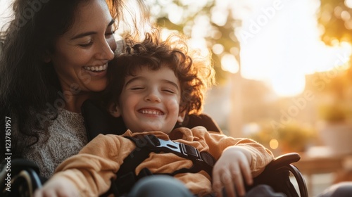 A Joyful Moment: A Smiling Mother Embraces Her Happy Son in a Wheelchair During a Warm Sunset, Capturing the Essence of Love, Family, and Togetherness